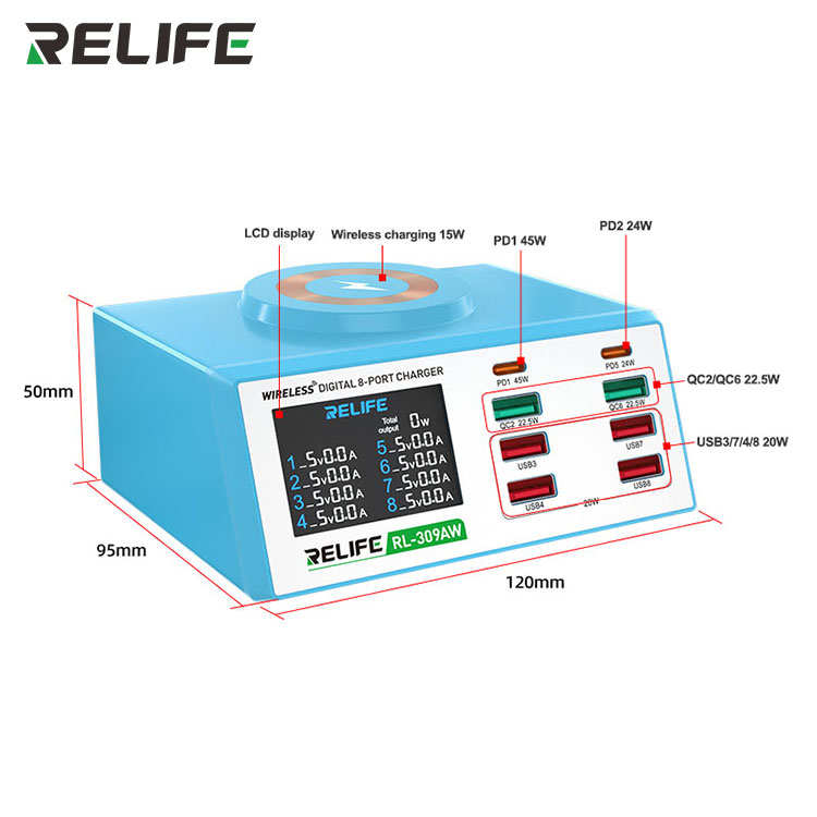 RELIFE RL 309AW Wireless digital display 8 port charger 100W 1701409074445 3